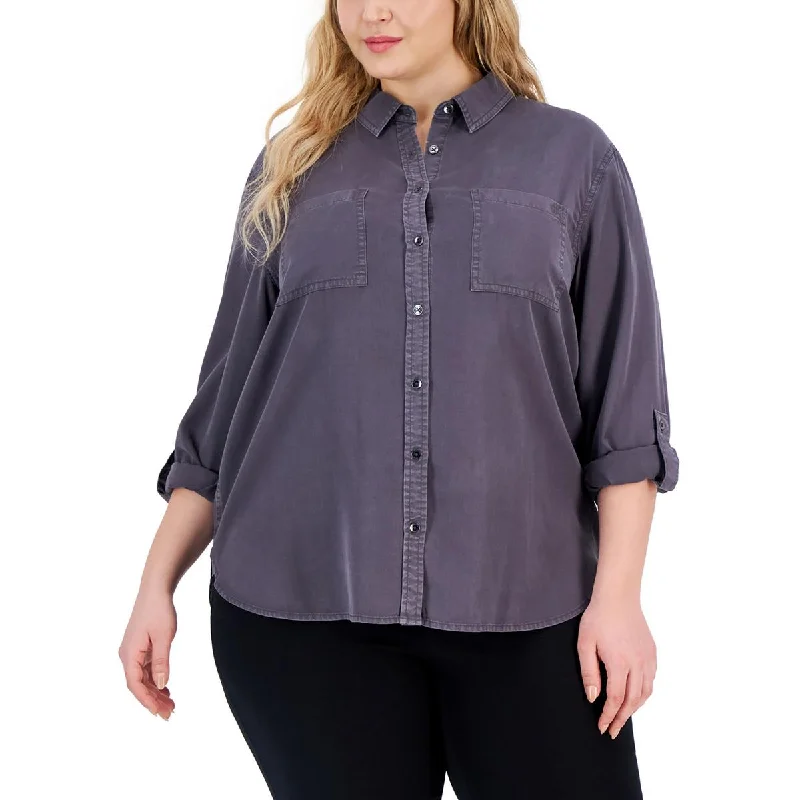 Price Blitz Calvin Klein Jeans Womens Plus Tencel Collared Button-Down Top