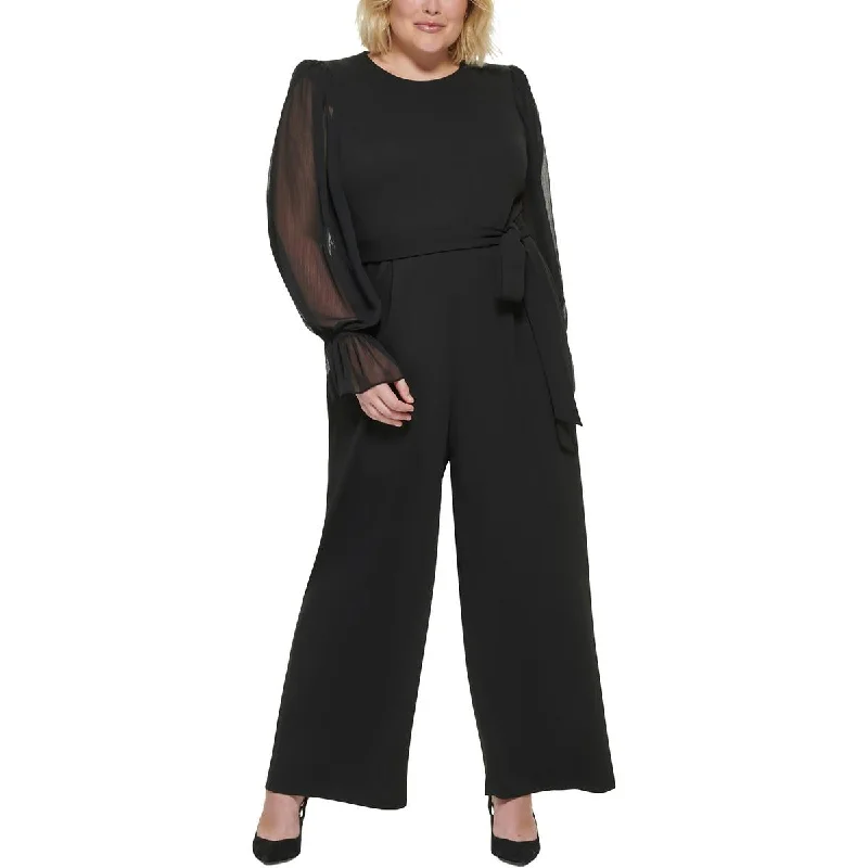 Super Sale Calvin Klein Womens Plus Belted Sheer Sleeves Jumpsuit
