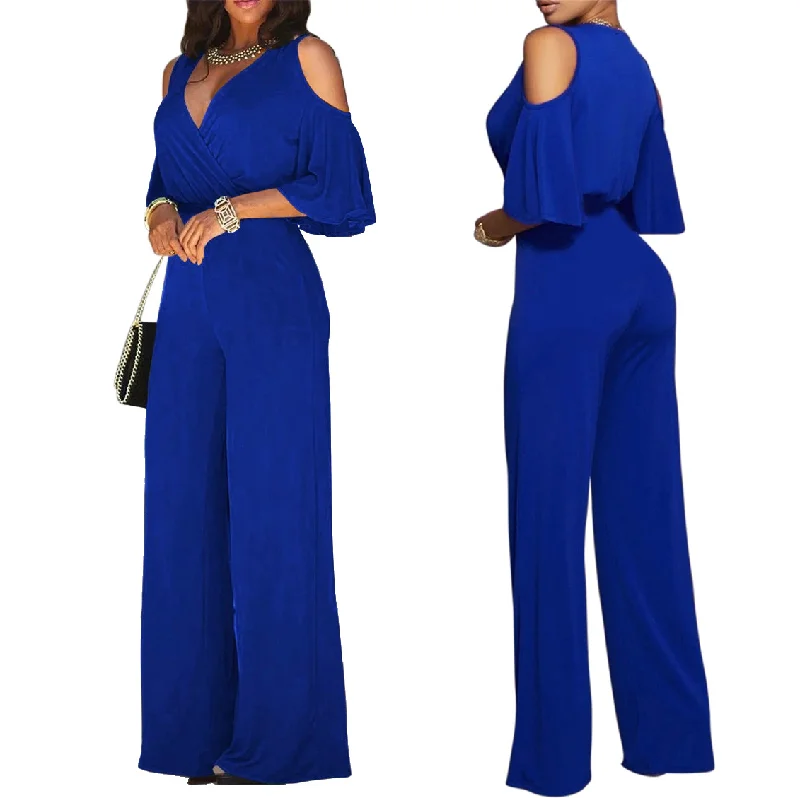 Huge Savings Copy of Women Solid Color Short-Sleeved Strapless Waist Fashion Wide-Leg Jumpsuit 1