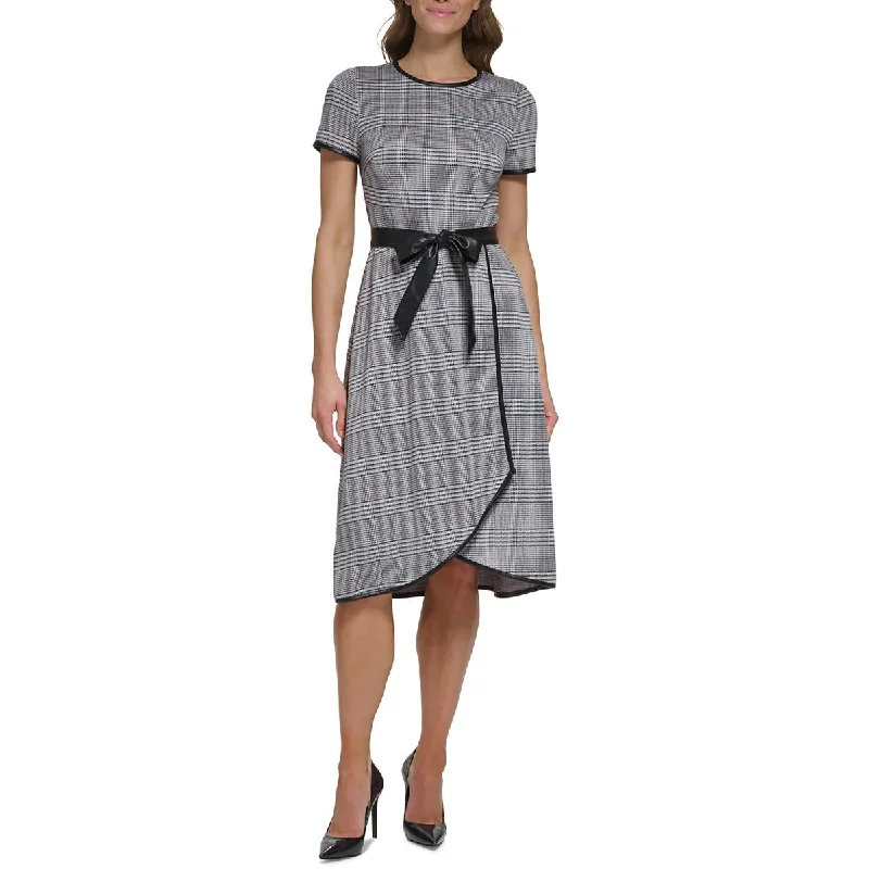 Daily Deals DKNY Womens Plaid Faux Wrap Midi Dress