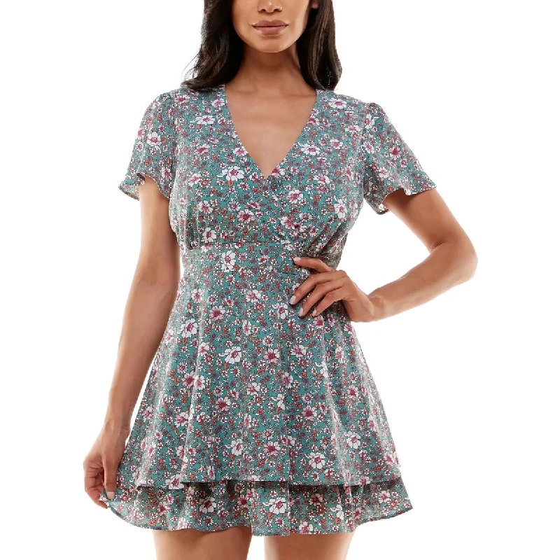 Exclusive Preview Emerald Sundae Womens Juniors Floral Print Short Fit & Flare Dress