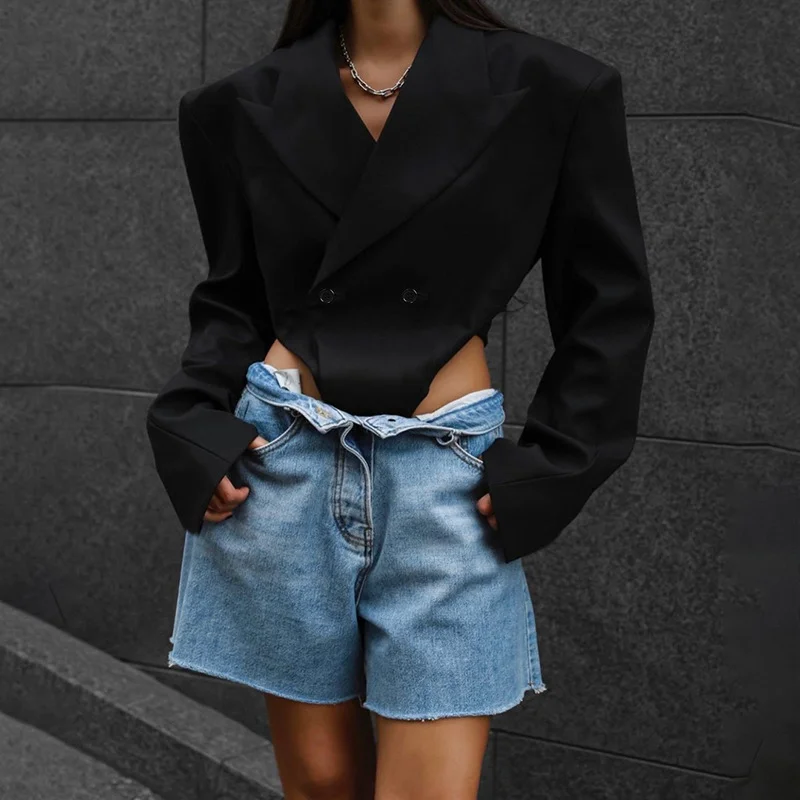 Best Bargains Fashion Women Autumn Solid Black Loose Sexy Cut Out Blazer Bodysuit