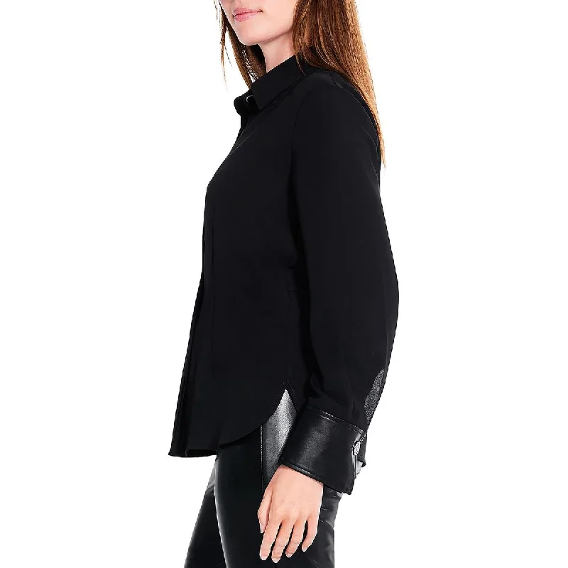 One-DAY Sale Nic + Zoe Womens Faux Leather Trim Long Sleeve Button-Down Top