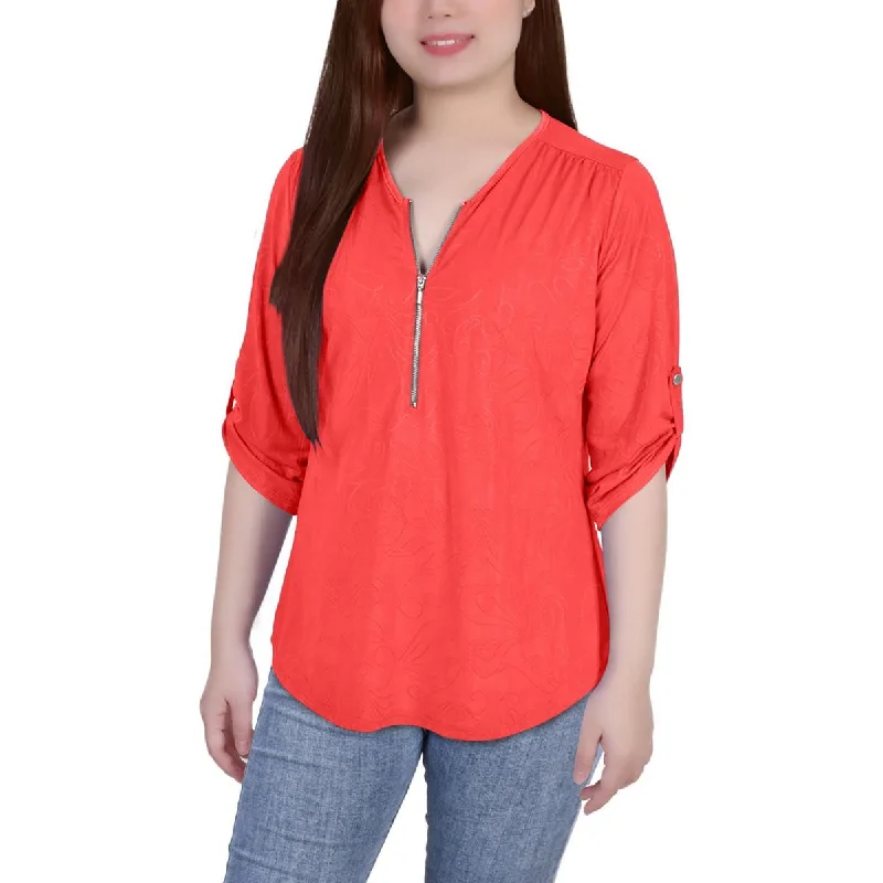 Limited Edition NY Collection Womens Petites Crewneck Rolled Sleeves Blouse