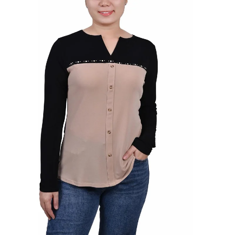 Year-End Clearance NY Collection Womens Petites Colorblock Embellished Blouse