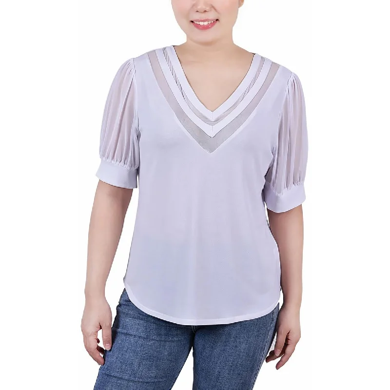 Exclusive Deal NY Collection Womens Petites Mesh Inset V-Neck Blouse