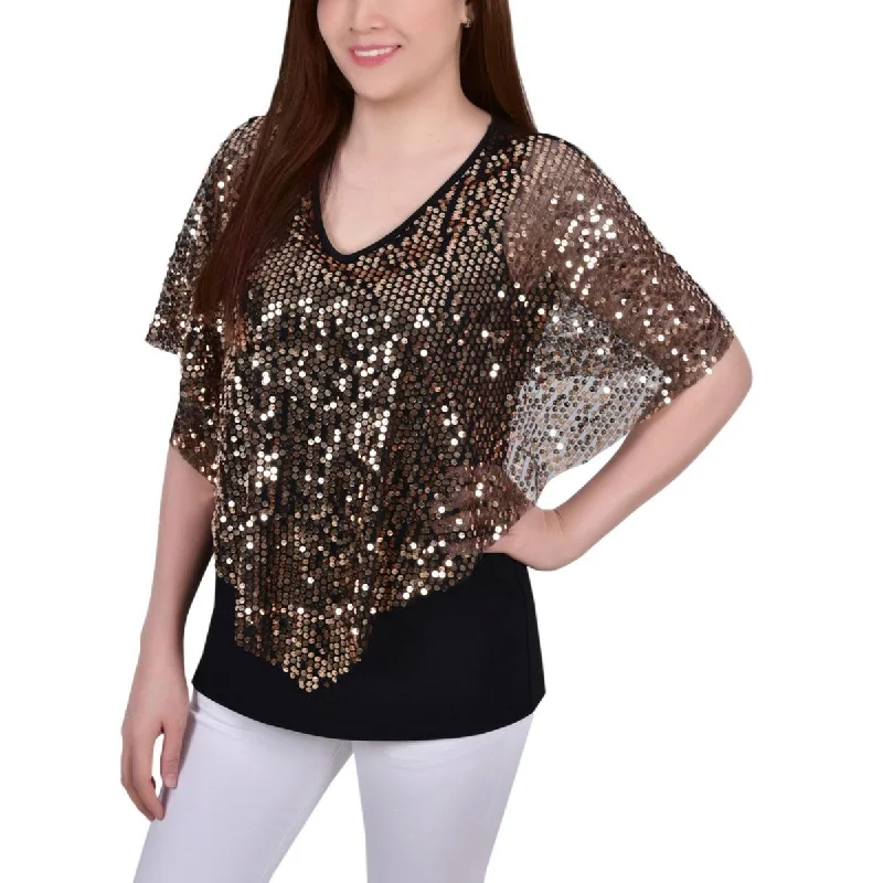 Take Advantage NY Collection Womens Petites Sequined Poncho Pullover Top