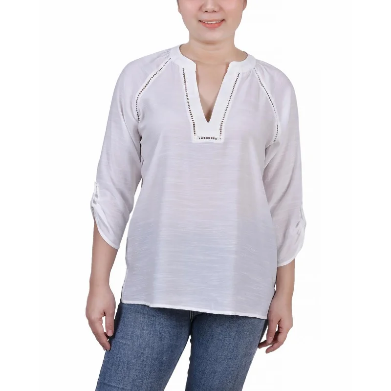 Online Exclusive NY Collection Womens Petites Split Neck Sheer Henley
