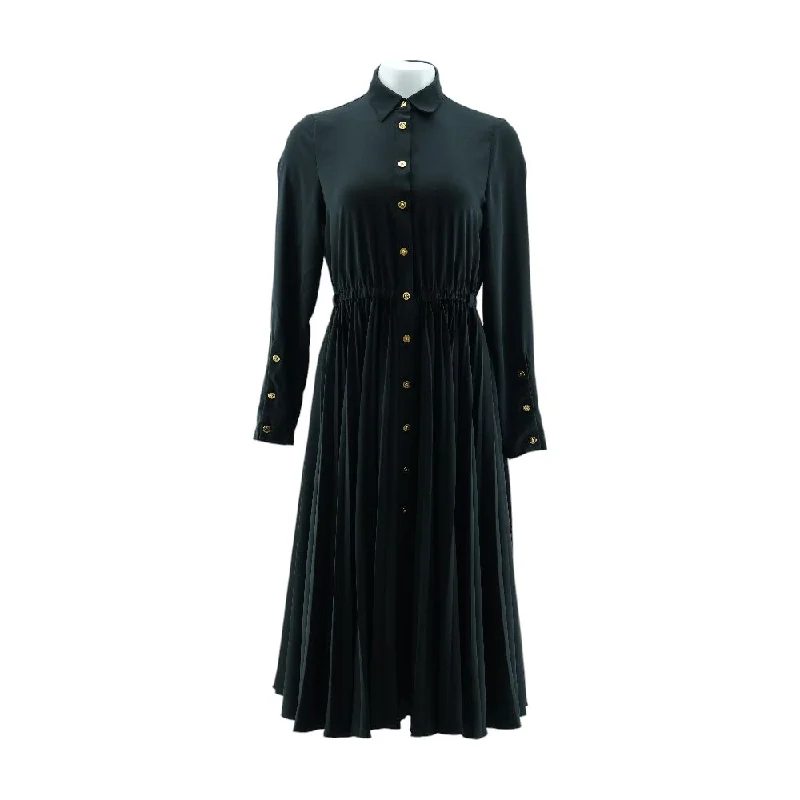 Low Prices Pleated Button-Front Long Sleeve Shirt Dress in Black