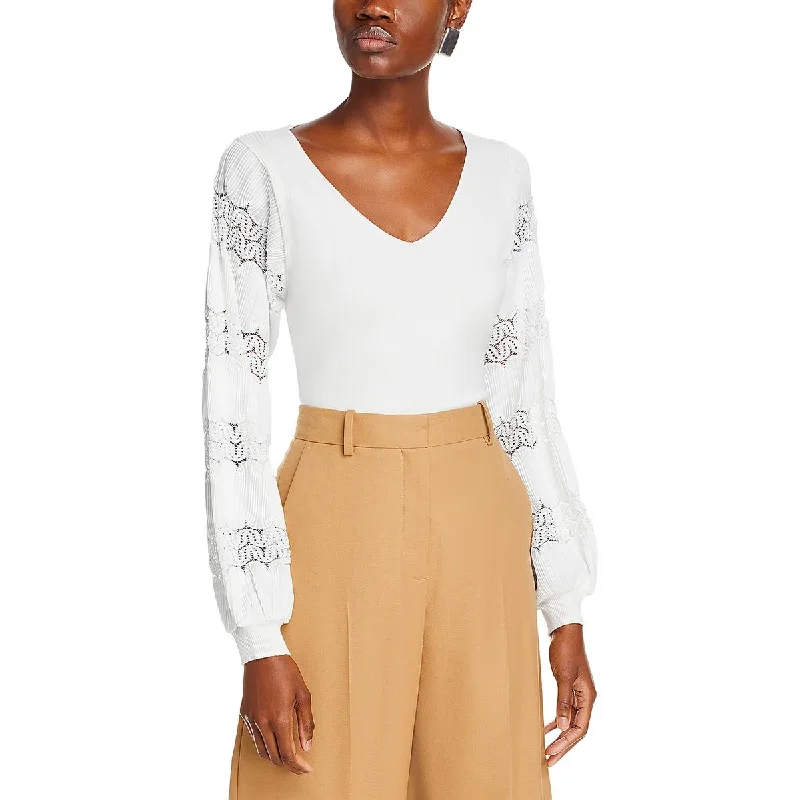 Savings Alert Sioni Womens Lace Trim Mixed Media V-Neck Sweater