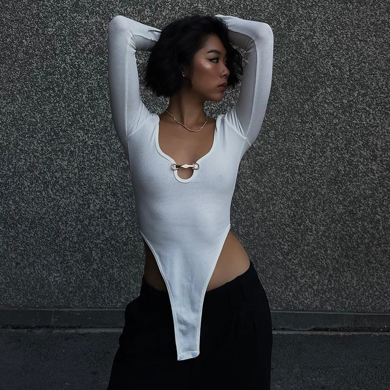 Price Fest Women Autumn Solid Color Round Neck Pullover Long Sleeve Hollow Snap Button Basic Bodysuit