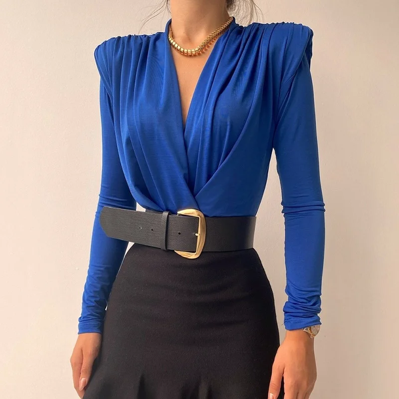 Exclusive Access Women Autumn Winter Elegant Wolid Color V Neck Long Sleeve Padded Bodysuit