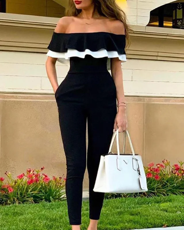 Season Finale Sale Women Black White Ruffle Line Neck Short Sleeve Neck Waist Slim Jumpsuit