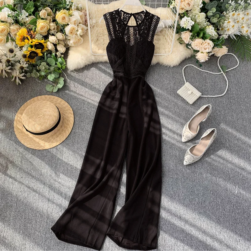 Don't Wait Women Fashion Causal Solid Color Lace Patchwork Hollow Sleeveless Defined Waist Jumpsuits
