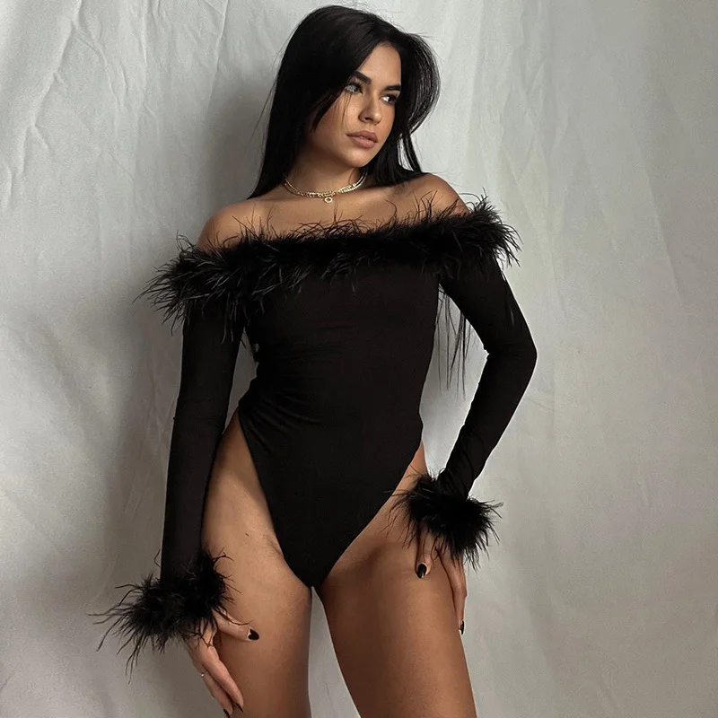 Markdowns Women Fashion Elegant Solid Color Feather Plush Off-Shoulder Long Sleeve Tight Bodysuit