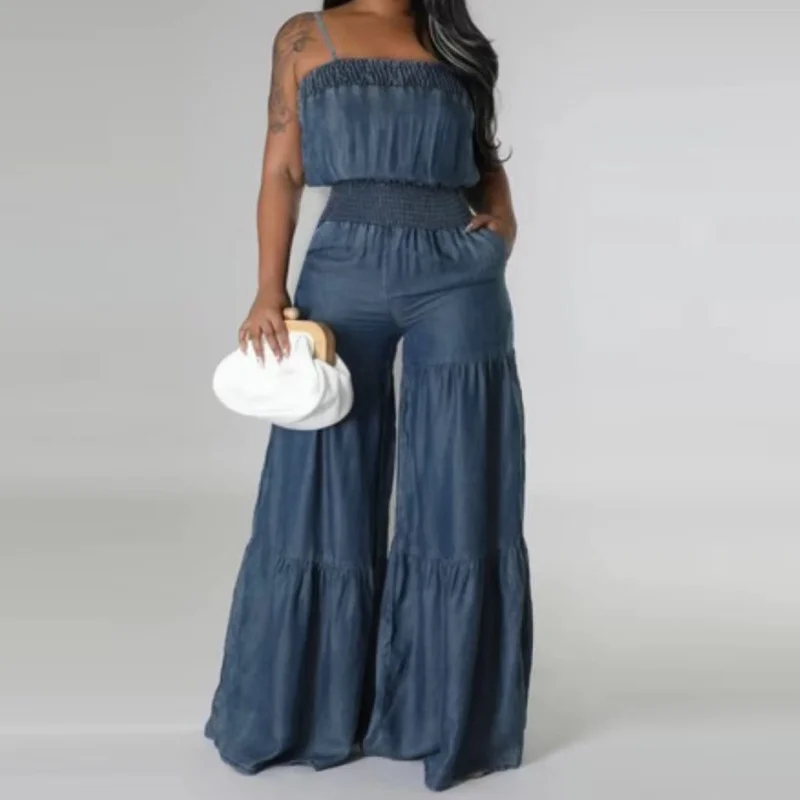 Final Sale Women Fashion Loose Strapless Denim Jumpsuit