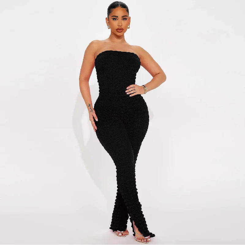 Limited Stock Women Fashion Slim Fit Solid Color Strapless Bubble Clothing Jumpsuit