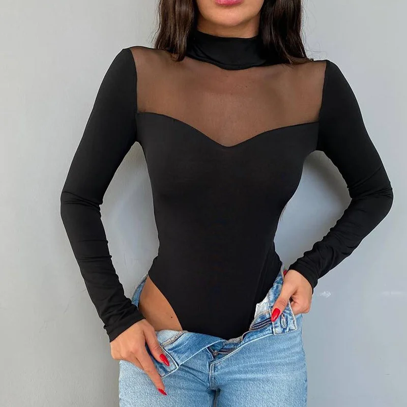 Amazing Deals Women Fashion Solid Color Mesh Patchwork Long-Sleeved Bodysuit