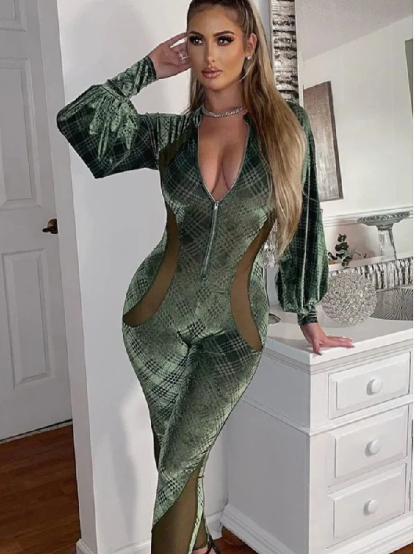 Low Prices Women Plaid Print Velvet Zip-Up Long Sleeve Mesh Panel Jumpsuit