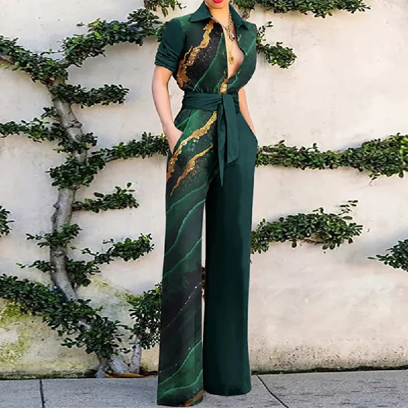 Hurry In Women Printed Long Sleeve Lapel Loose Casual Jumpsuit