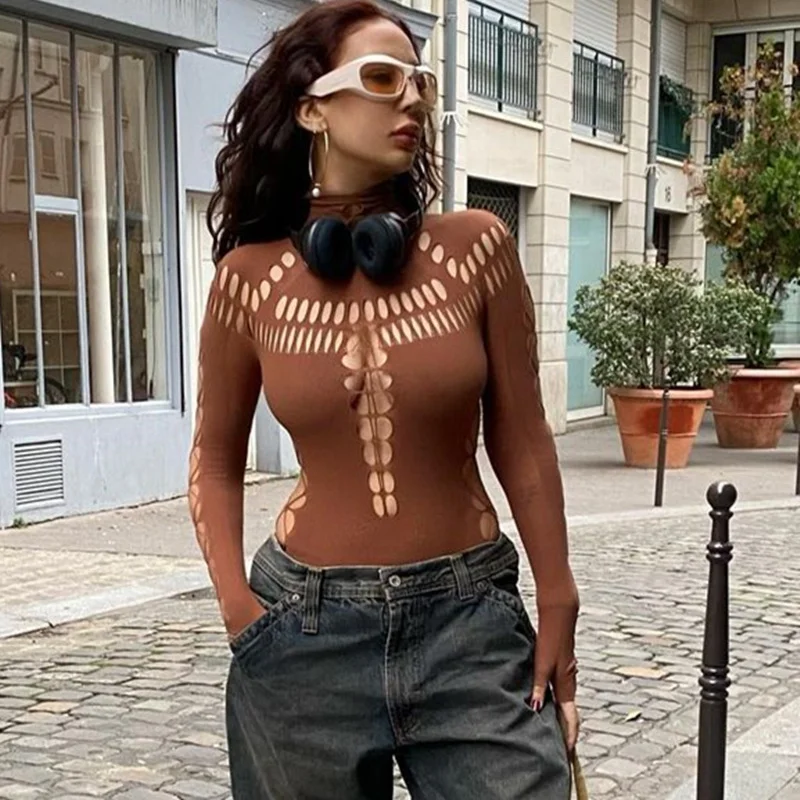 Flash Sale Women Sexy Personality Ripped Hollow Slim Long-Sleeved Bodysuit