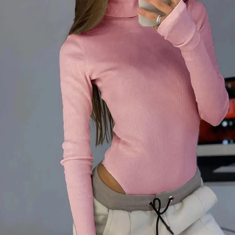 Sneak Peek Sale Women Slim-Fit Knitted High-Necked Long-Sleeved Solid Color Basic Rib-Knit Bodysuit