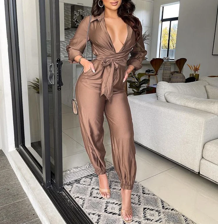 Time-Limited Offer Women Solid Color Lapel V Neck Waist Tie Long Sleeve Loose Casual Jumpsuit