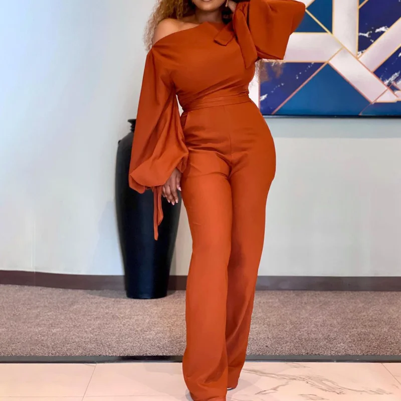 TIME-Limited Offer Women Solid Color Long-Sleeved Lantern Sleeve Waist Fashion Jumpsuit