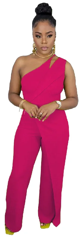 Deal Dash Women Solid Color One-Shoulder Waist Fashion Wide-Leg Jumpsuit
