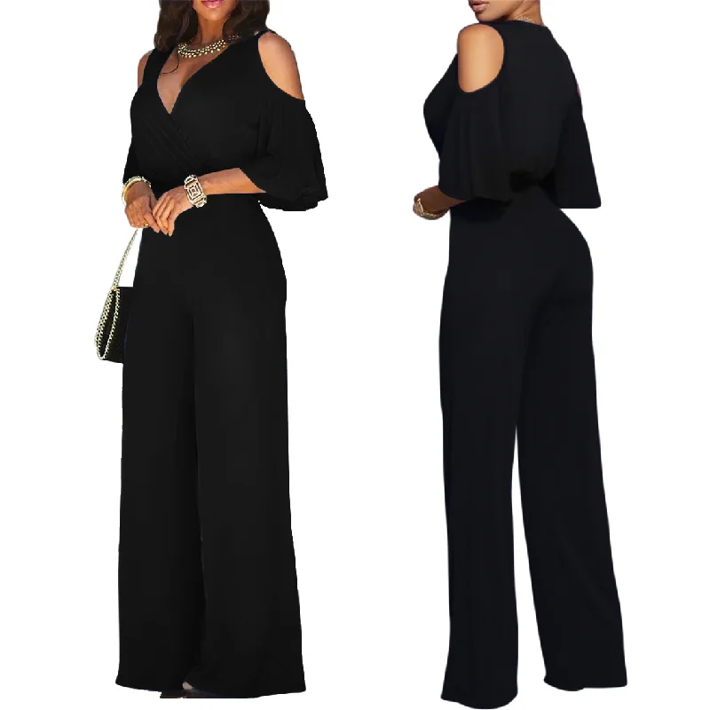 Amazing Deals Women Solid Color Short-Sleeved Strapless Waist Fashion Wide-Leg Jumpsuit
