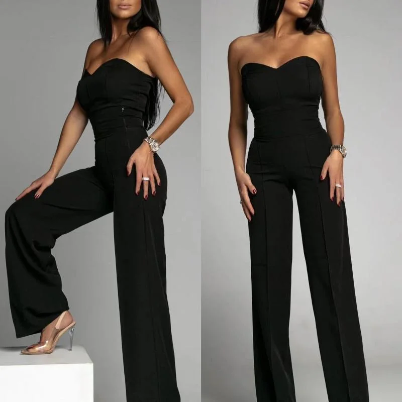 Act Fast Women Solid Color Tube Top Casual High Waist Wide Leg Jumpsuit