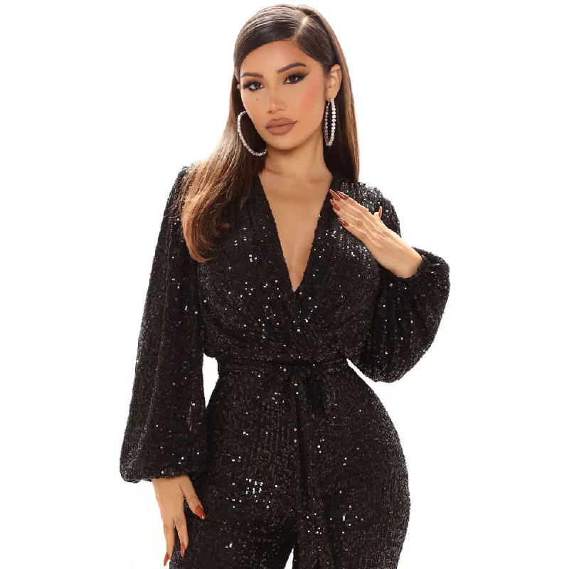 Steals and Deals Women Solid Color V-Neck Long Sleeve Waist Sequin Fashion Jumpsuit
