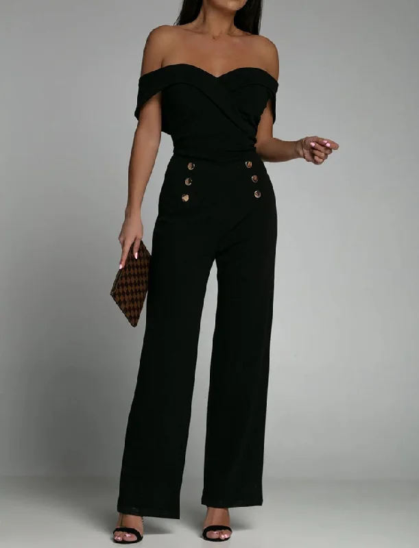 Exclusive Online Offer Women Solid Color Word Neck Short Sleeve Waist Casual Jumpsuit