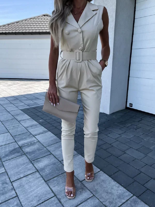 Today’s Special Women Solid Lapel Button Waist Sleeveless Jumpsuit