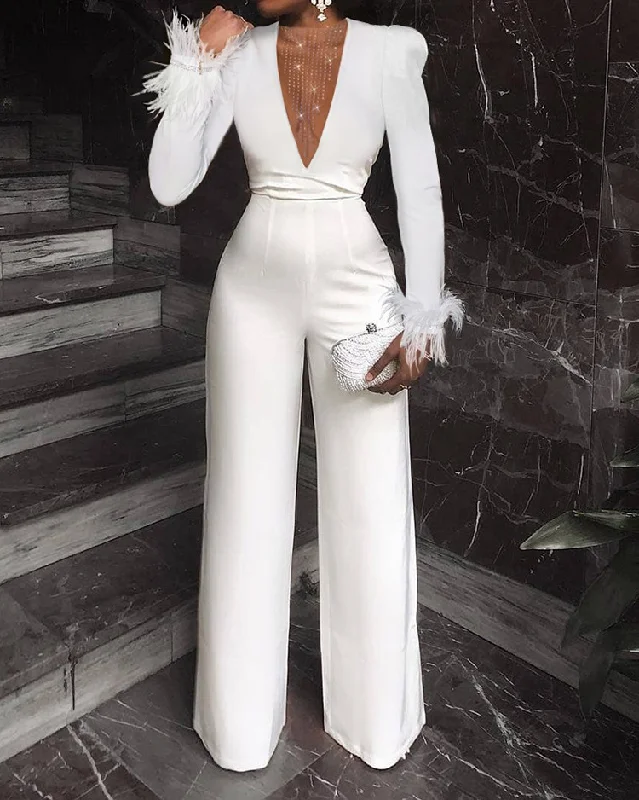 Overstock Sale Women Solid V-Neck Mesh Feather Patchwork Long Sleeve Neck Waist Wide Leg Jumpsuit