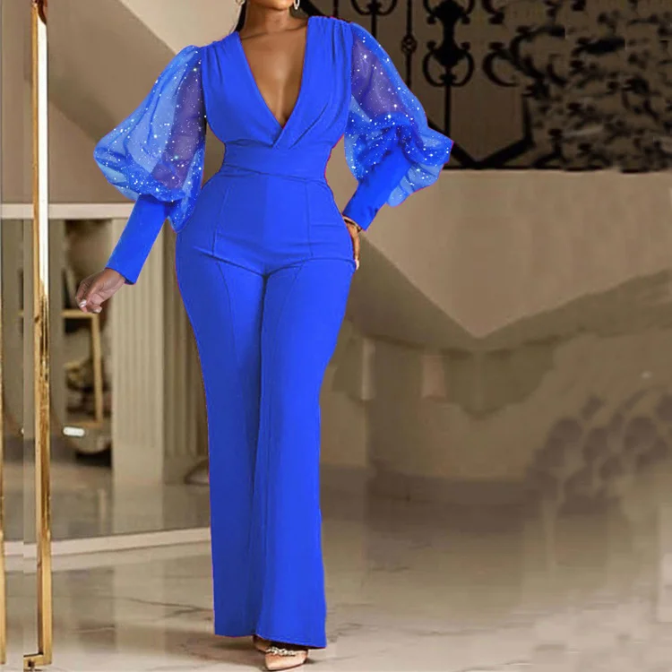 Limited Time Discount Women Solid V-Neck Mesh Panel Long Sleeve Neck Waist Casual Jumpsuit