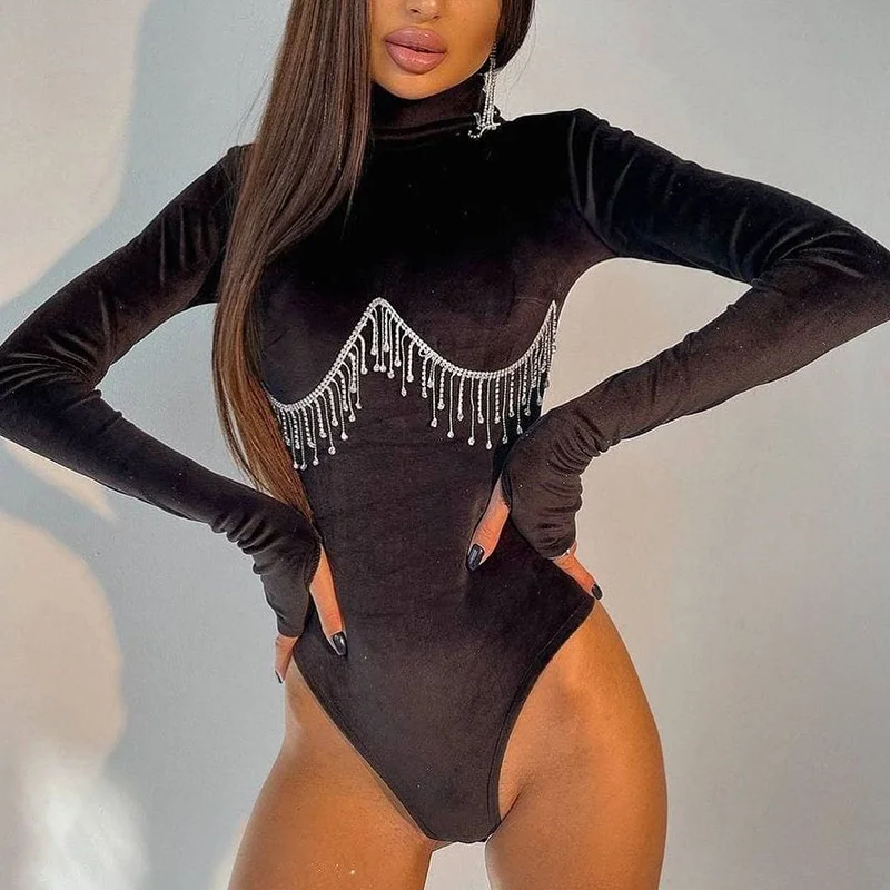 Online Exclusive Women Summer Imitation Diamond Chain Decorated High Neck Slim Bodysuit