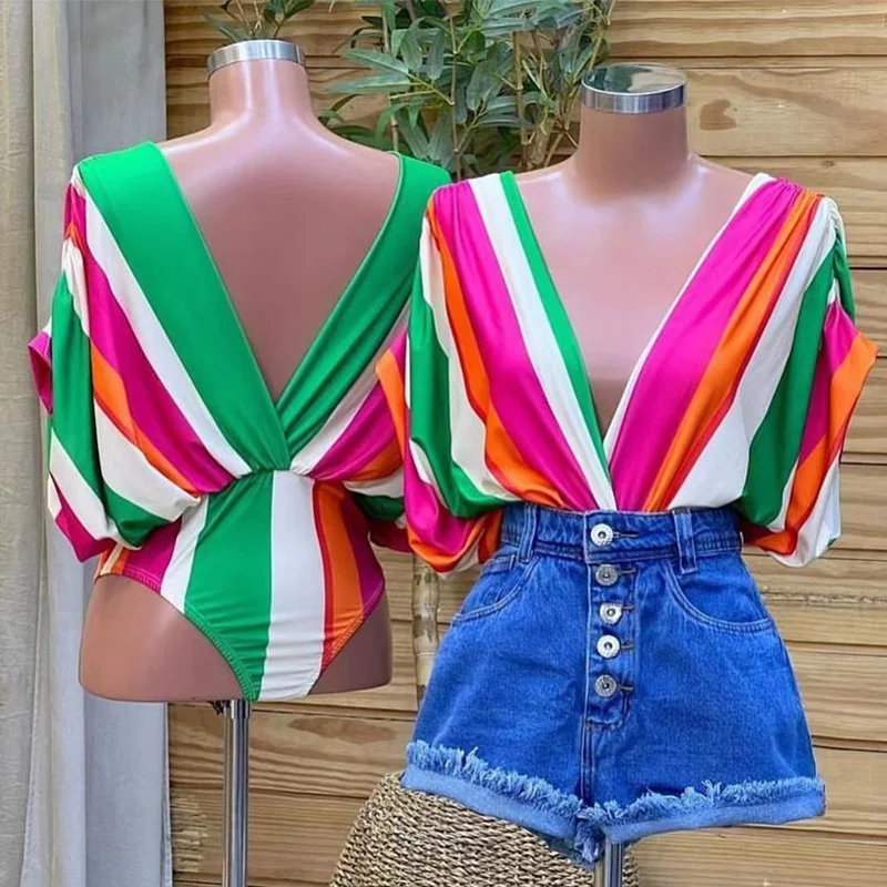 Special Discount Women'S Fashion Print V Neck Bodysuit
